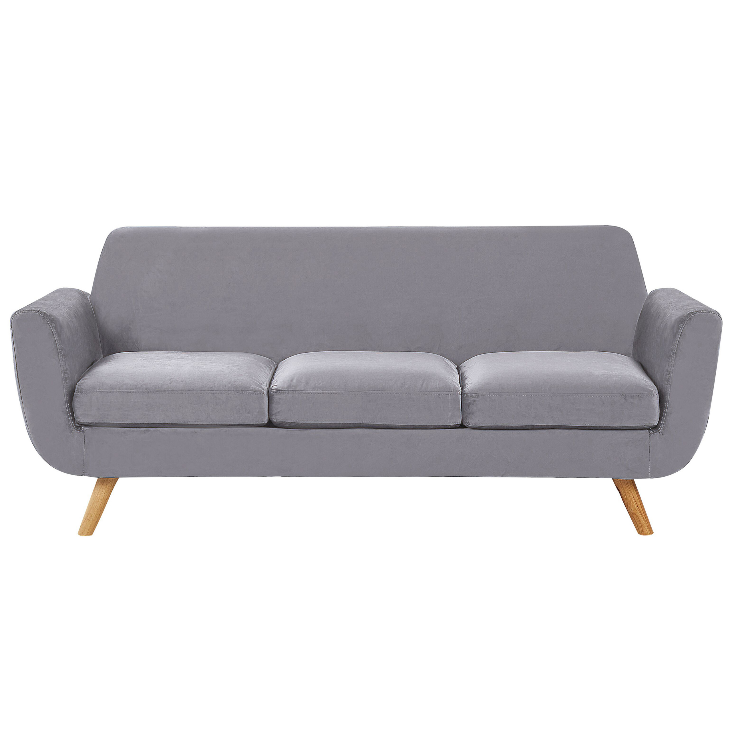 Beliani 3 Seater Sofa Grey Velvet Upholstery on Slanted Wooden Legs with Removable Cover Retro Style