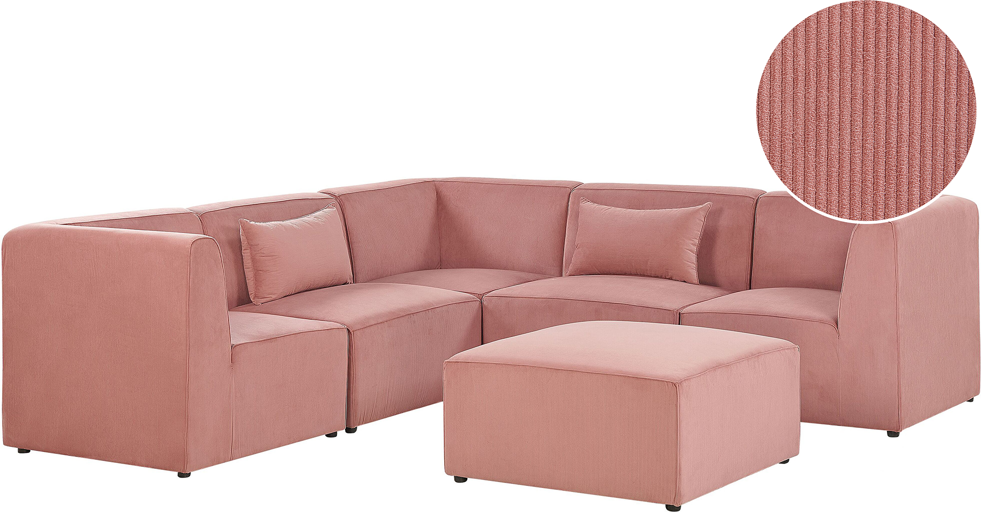 Beliani Modular Corner Sofa Pink Corduroy with Ottoman Right Hand 5 Seater Sectional Sofa L-Shaped Modern Design