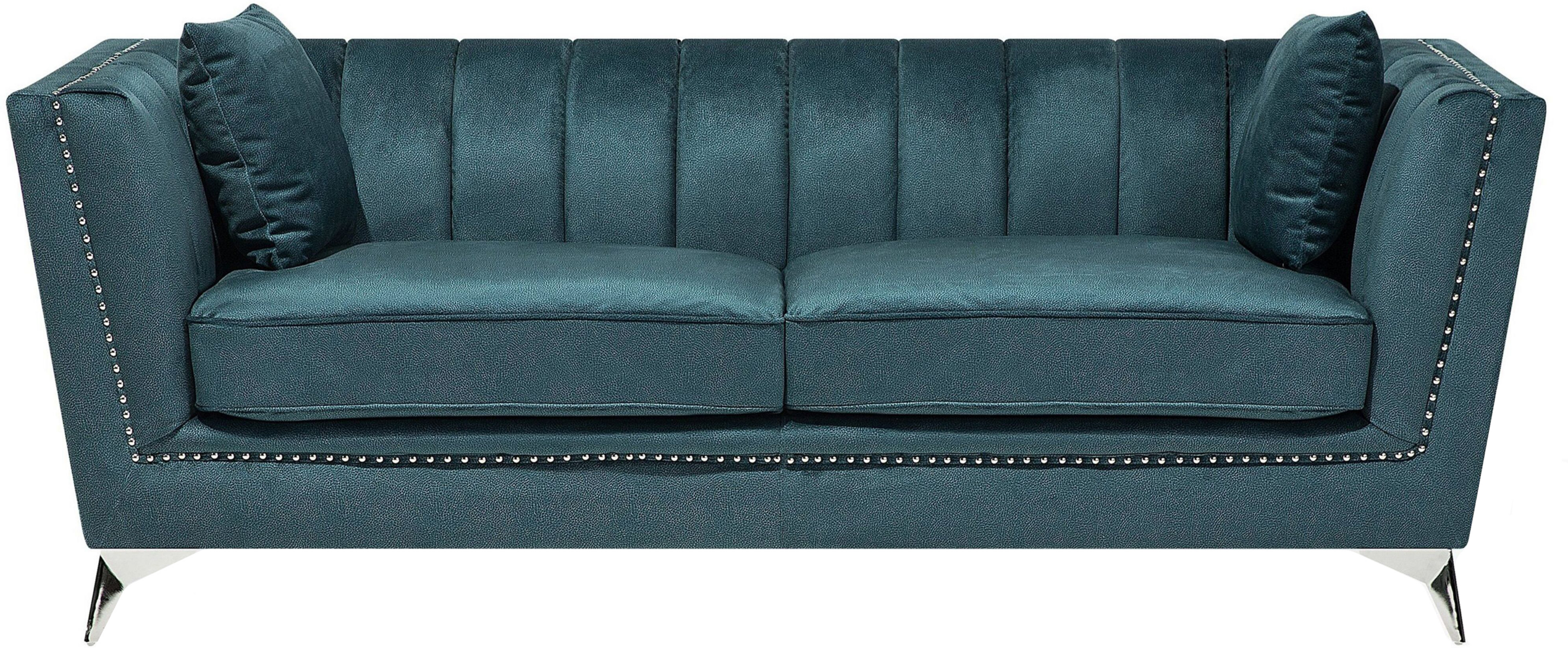 Beliani 3 Seater Sofa Teal Blue Nail Head Trim Panel Tufting