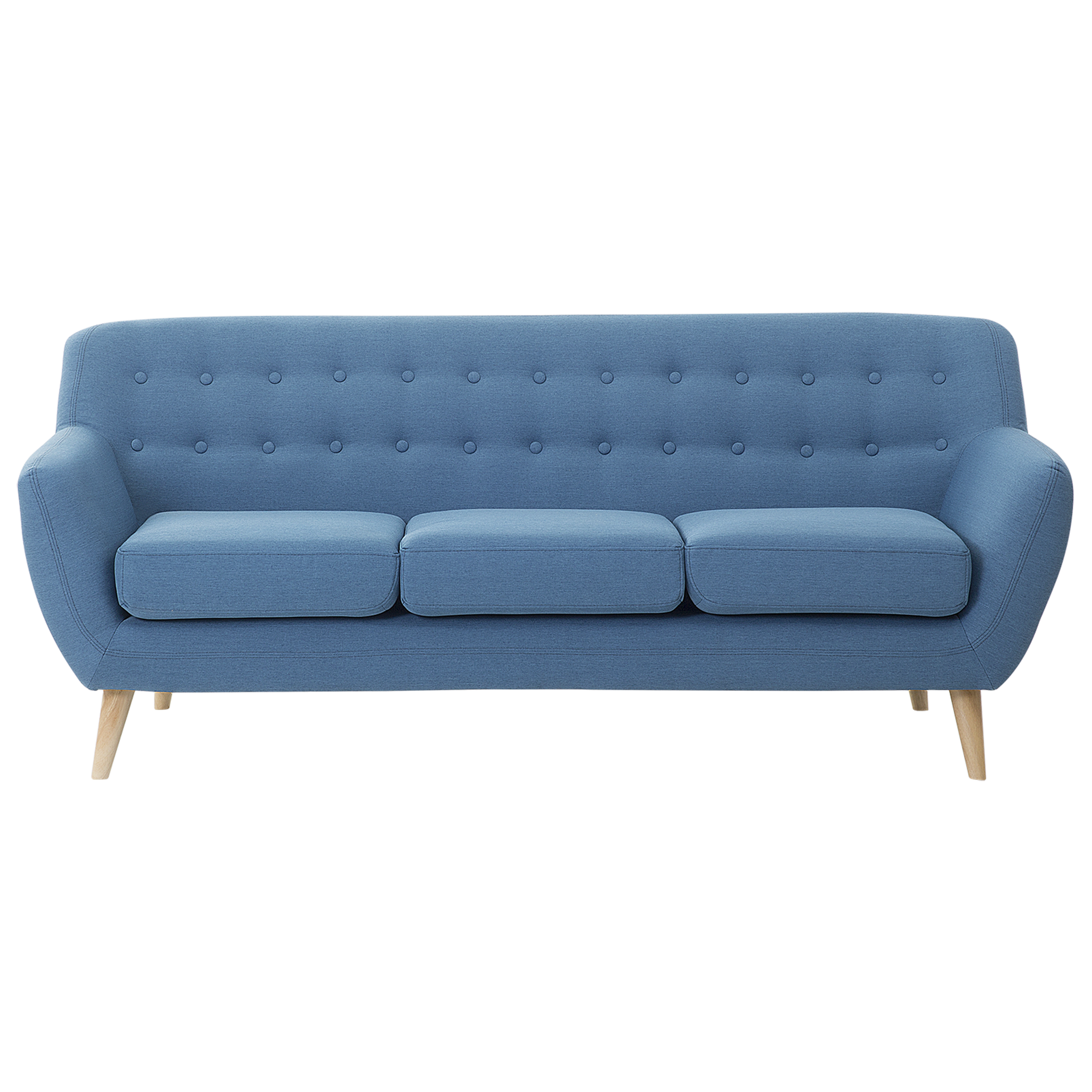 Beliani 3 Seater Sofa Blue Upholstered Tufted Back Thickly Padded Light Wood Legs Scandinavian Minimalist Living Room