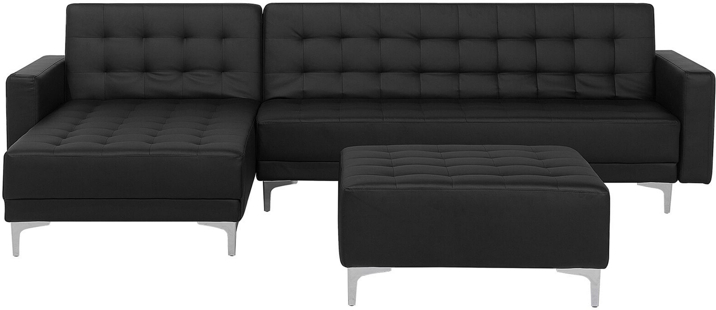 Beliani Corner Sofa Bed Black Faux Leather Tufted Modern L-Shaped Modular 4 Seater with Ottoman Right Hand Chaise Longue