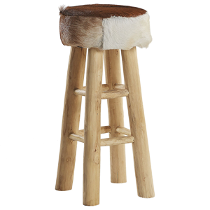 Beliani Bar Stool Lambskin Leather Teak Wood Legs Rustic Style Tall Stool Material:Lambskin Leather Size:40x80x40