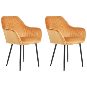 Beliani Set of 2 Dining Chairs Orange Velvet Armrests Black Metal Legs Retro Glam Material:Velvet Size:63x86x58