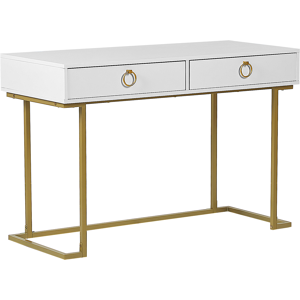 Beliani Console Table White 2 Drawers with Ring Pull Handles Gold Metal Base Home Office Desk Living Room Accent Table Bedroom Dresser Glam Style Material:Metal Size:50x77x115