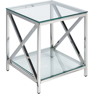 Beliani Side Table Transparent Glass Top Silver Stainless Steel Frame 50 x 45 cm Glam Modern Living Room Bedroom Hallway Material:Tempered Glass Size:x48x45