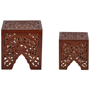 Beliani Nest of 2 Side Tables Light Green Mango Wood End Bedside Table Handmade Distressed Effect Openwork Design Rustic Style Living Room Bedroom  Material:MDF Size:xx