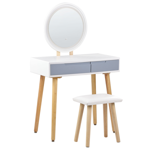 Beliani Dressing Table Set White Manufactured Wood Top Wooden Legs Round LED Mirror 2 Drawers Material:Particle Board Size:40x130x80