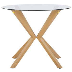 Beliani Round Dining Table Tempered Glass Top Light Wood ø 90 cm Scandinavian Material:Tempered Glass Size:x75x90