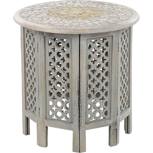 Beliani Side Table Grey Mango Wood End Bedside Table Handmade Distressed Effect Vintage Oriental Style Openwork Design Living Room Bedroom  Material:Mango Wood Size:x46x45