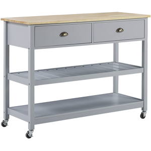 Beliani Kitchen Trolley Grey Light Wood Top 2 Shelves 2 Cutlery Drawers Casters Scandinavian Modern Material:Rubberwood Size:48x91x120