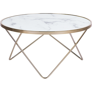 Beliani Coffee Table White Marble Effect Tempered Glass Top Gold Metal Hairpin Legs Round Shape Material:Tempered Glass Size:x40x80