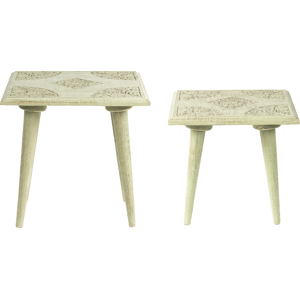 Beliani Set of 2 Nesting Side Tables Green and Gold Distressed Mango Wood Square Modern End Side Tables for Living Room Retro Vintage Design Material:Mango Wood Size:xx