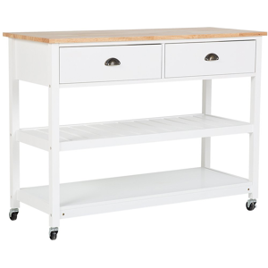 Beliani Kitchen Trolley White Light Wood Top 2 Shelves 2 Cutlery Drawers Casters Scandinavian Modern Material:Rubberwood Size:48x91x120