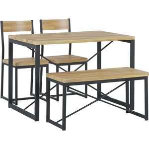 Beliani Dining Set Light Wood Top Black Steel Frame Rectangular Table 110 x 70 cm 4 Seater with 2 Chairs and Bench  Material:MDF Size:xx