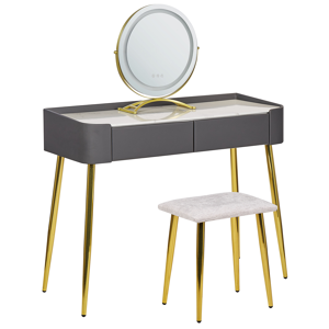 Beliani Dressing Table Grey and Gold MDF 2 Drawers LED Mirror Stool Living Room Furniture Glam Design Material:MDF Size:41x133x100