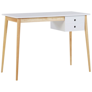 Beliani Home Office Desk White and Light Wood Legs 106 x 48 cm with Drawer Retro Material:MDF Size:48x77x106