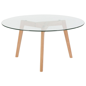 Beliani Coffee Table Transparent Round Glass Top 3 Light Wood Legs Scandinavian Minimalistic Material:Glass Size:x45x90