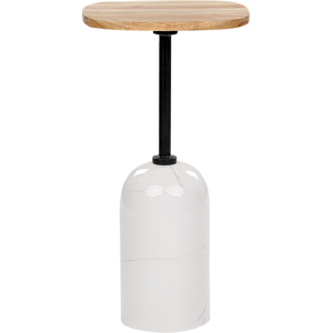 Beliani Side Table Light Wood and White Metal Base Acacia Wood Top Round Marble Effect Geometric Shape Modern End Table Material:Iron Size:x59x30