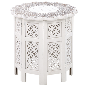 Beliani Side Table Off-White with Carved Pattern Mango Wood Living Room Hallway Rustic Oriental  Material:Mango Wood Size:x46x44