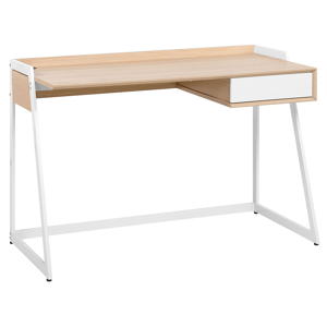 Beliani Desk Light Wood and White MDF top 120 x 60 cm Metal Frame One Drawer Material:MDF Size:60x82x120
