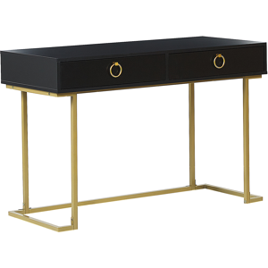 Beliani Console Table Black 2 Drawers with Ring Pull Handles Gold Metal Base Home Office Desk Living Room Accent Table Bedroom Dresser Glam Style Material:Metal Size:50x77x115