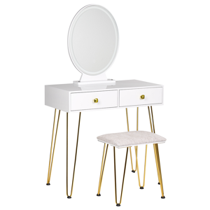 Beliani Dressing Table White and Gold MDF 2 Drawers LED Mirror Stool Living Room Furniture Glam Design Material:MDF Size:40x137x82