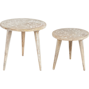 Beliani Set of 2 Nesting Side Tables White Distressed Light Mango Wood Round End Side Tables for Living Room Retro Vintage Design Material:Mango Wood Size:xx