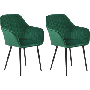 Beliani Set of 2 Dining Chairs Green Velvet Armrests Black Metal Legs Retro Glam Material:Velvet Size:61x84x60