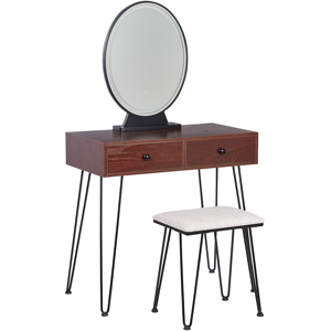 Beliani Dressing Table Dark Wood and Black MDF 2 Drawers LED Mirror Stool Living Room Furniture Glam Design Material:MDF Size:40x137x80