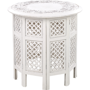 Beliani Side Table White with Carved Pattern Distressed Effect Living Room Hallway Rustic Oriental  Material:Mango Wood Size:x53x53