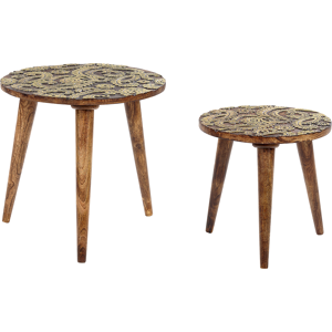 Beliani Set of 2 Nesting Side Tables Dark Wood and Gold Mango Round Vintage End Side Tables for Living Room Retro Material:Mango Wood Size:xx