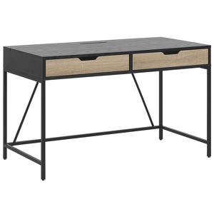 Beliani Home Desk Black Wooden Top Metal Base 2 Drawers Light Wood 120 x 60 cm Minimalist Design Material:Particle Board Size:60x75x120