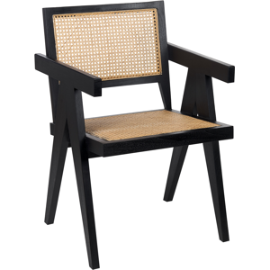 Beliani Accent Chair Light Wood Mahogany Rattan Black Natural Wicker Back Minimalist Living Dining Room Material:Mahogany Size:58x82x55