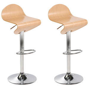 Beliani Set of 2 Bar Stools Light Brown with Footstool Swivel Gas Lift Adjustable Height Modern Material:Plywood Size:41x76-98x41