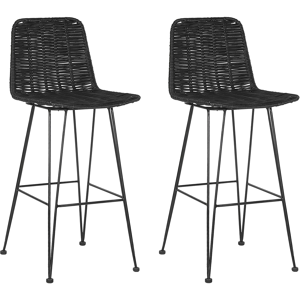 Beliani Set of 2 Bar Chairs Black Rattan Wicker Metal Frame Rustic Indoor Boho Design Material:Rattan Size:47x103x43