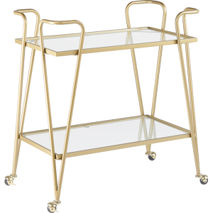 Beliani Kitchen Trolley Gold Metal Glass 75 x 45 cm Glamour Wheels Open Storage Two Tops Living Room Material:Iron Size:45x83x76