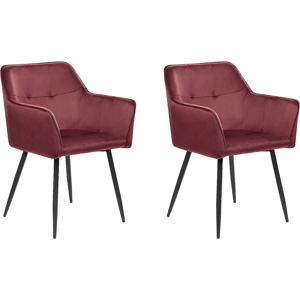 Beliani Set of 2 Dining Chairs Burgundy Velvet Upholstered Seat with Armrests Black Metal Legs Material:Velvet Size:49x84x60