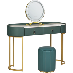 Beliani Dressing Table Green and Gold MDF 2 Drawers LED Mirror Stool Living Room Furniture Glam Design Material:MDF Size:39x125x118