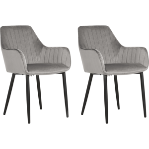 Beliani Set of 2 Dining Chairs Grey Velvet Armrests Black Metal Legs Retro Glam Material:Velvet Size:61x84x60