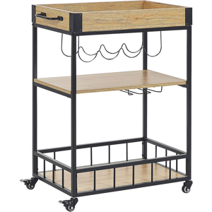 Beliani Kitchen Trolley Light Wood with Black MDF Metal Cart with Wheels Wine Rack Dining Room Modern Design Material:Iron Size:37x89x62