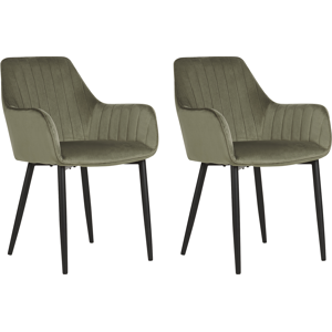 Beliani Set of 2 Dining Chairs Olive Green Velvet Armrests Black Metal Legs Retro Glam Material:Velvet Size:61x84x60