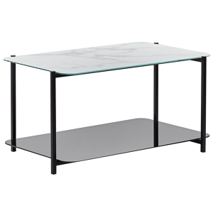 Beliani Coffee Table White and Black Steel Glass 77 x 47 cm Rectangular Marble Effect Tempered Glass Top Glam Modern Material:Tempered Glass Size:x40x77