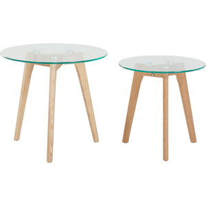 Beliani Nest of 2 Tables Transparent Round Glass Top 3 Light Wood Legs Scandinavian Minimalistic Material:Glass Size:xx