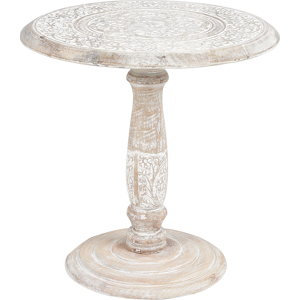 Beliani Side Table Off-White with Carved Pattern Round Mango Wood Living Room Hallway Rustic Oriental  Material:Mango Wood Size:x43x45