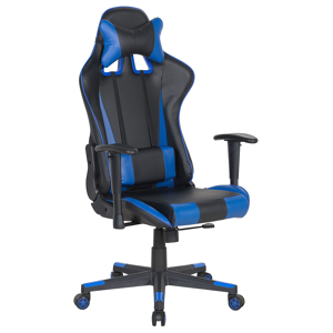 Beliani Gaming Chair Black Faux Leather with Blue Reclining Adjustable Armrests Height Lumbar Support Headrest Cushion Office Chair Material:Faux Leather Size:71x125-135x71