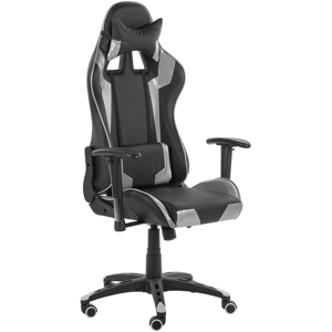 Beliani Gaming Chair Black and Silver PU Leather Swivel Adjustable Height Material:Faux Leather Size:71x129-140x71