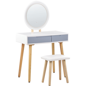 Beliani Dressing Table Set White Manufactured Wood Top Wooden Legs Round LED Mirror 2 Drawers Material:Particle Board Size:40x130x80