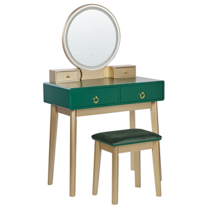 Beliani Dressing Table Green and Gold MDF 4 Drawers LED Mirror Stool Living Room Furniture Glam Design Material:MDF Size:40x134x80
