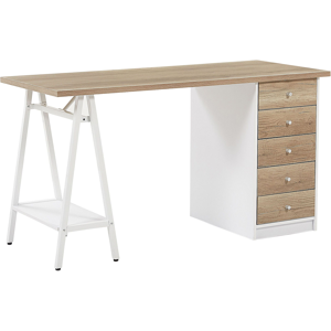 Beliani Home Office Computer Desk Light Wood Top 140 x 60 cm with Drawers White Frame Material:Chipboard Size:60x76x140