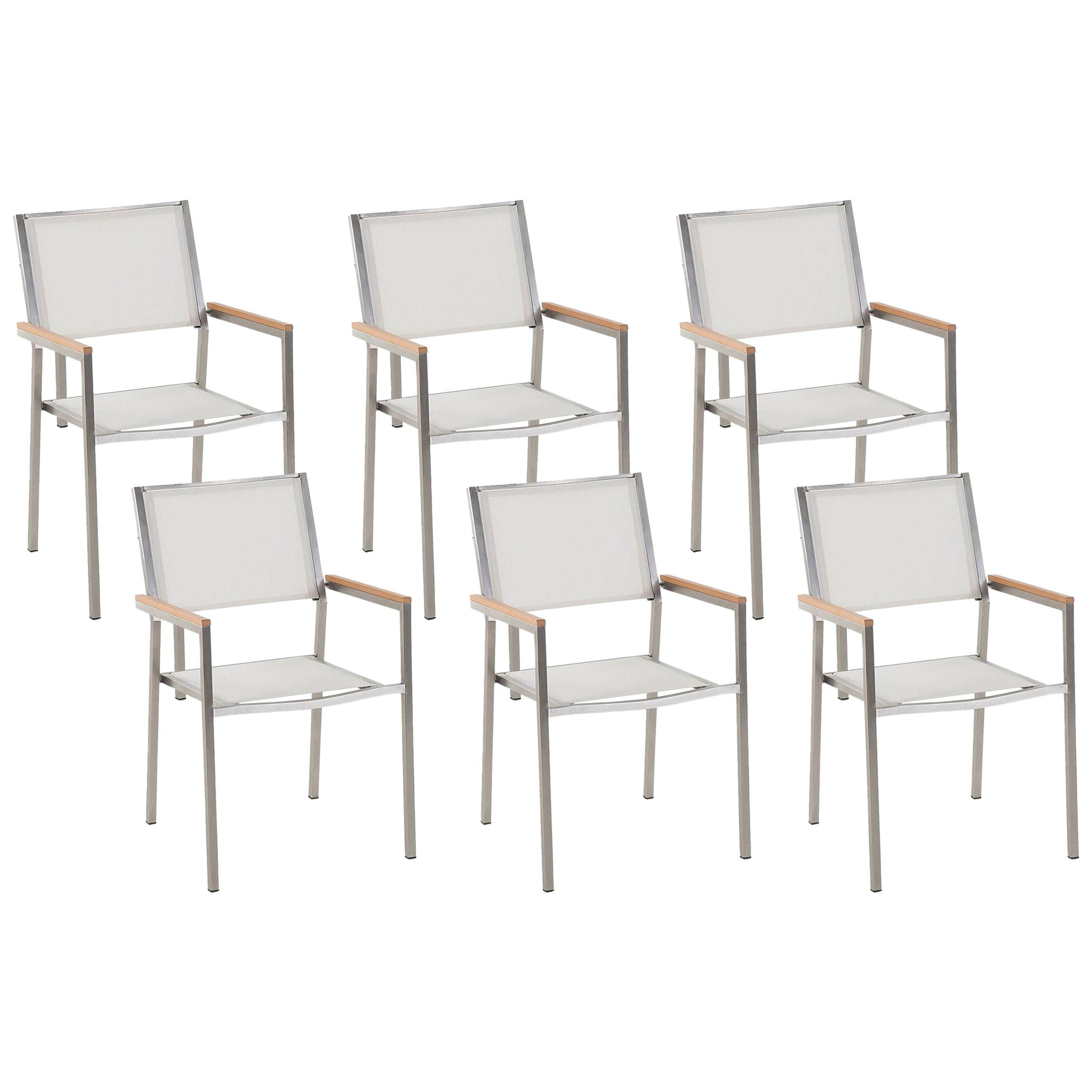 Beliani Set of 6 Garden Dining Chairs White and Silver Textile Seat Stainless Steel Legs Stackable Outdoor Resistances